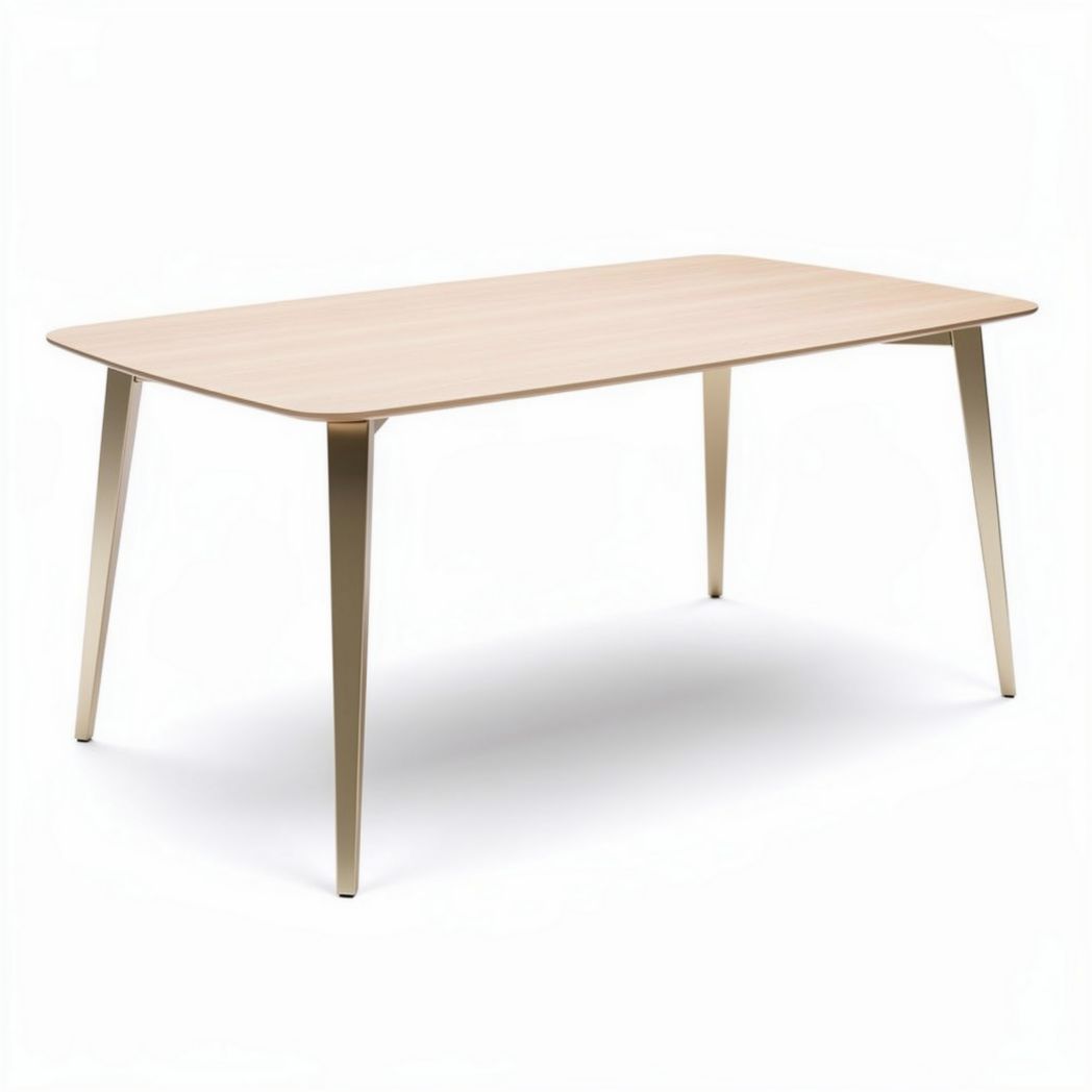 Mesa retangular moderna em madeira clara com pernas douradas 160 x 80 x 75cm