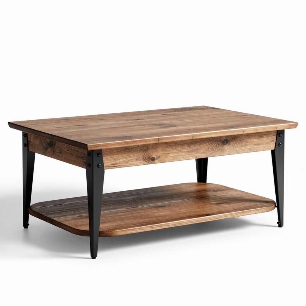 Mesa de centro em madeira escura com estrutura metálica 120 x 60 x 45cm
