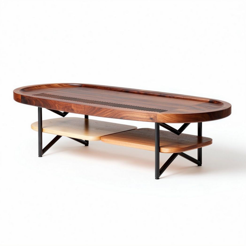 Mesa de centro ovalada em madeira escura com prateleiras em madeira clara 120 x 60 x 40cm